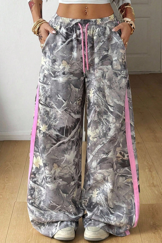 Camo Gray Woodland Print Color Block Detail Drawstring Wide Leg Sweatpants