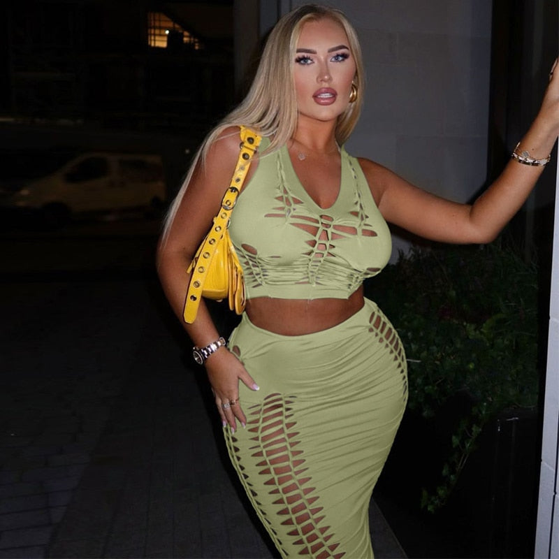 Hawthaw Women Fashion Crop Tank Tops Long Skirts Two Piece Matching Sets Outfit Summer Clothes For Business