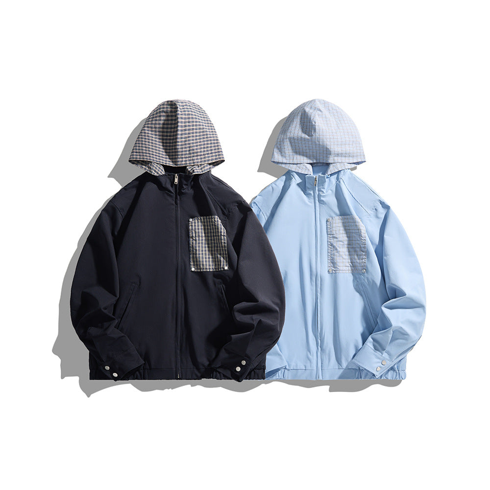 Checkered Patchwork Pocket Hooded Jacket Casual Commute Outerwear