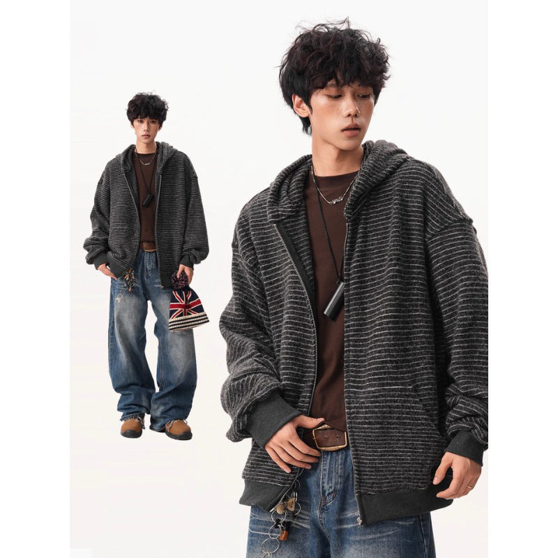 Men's  Retro Striped Zip-Up Hoodie - Loose Fit Casual Fall Winter Sweatshirt Jacket, Versatile Trendy Couple Outerwear