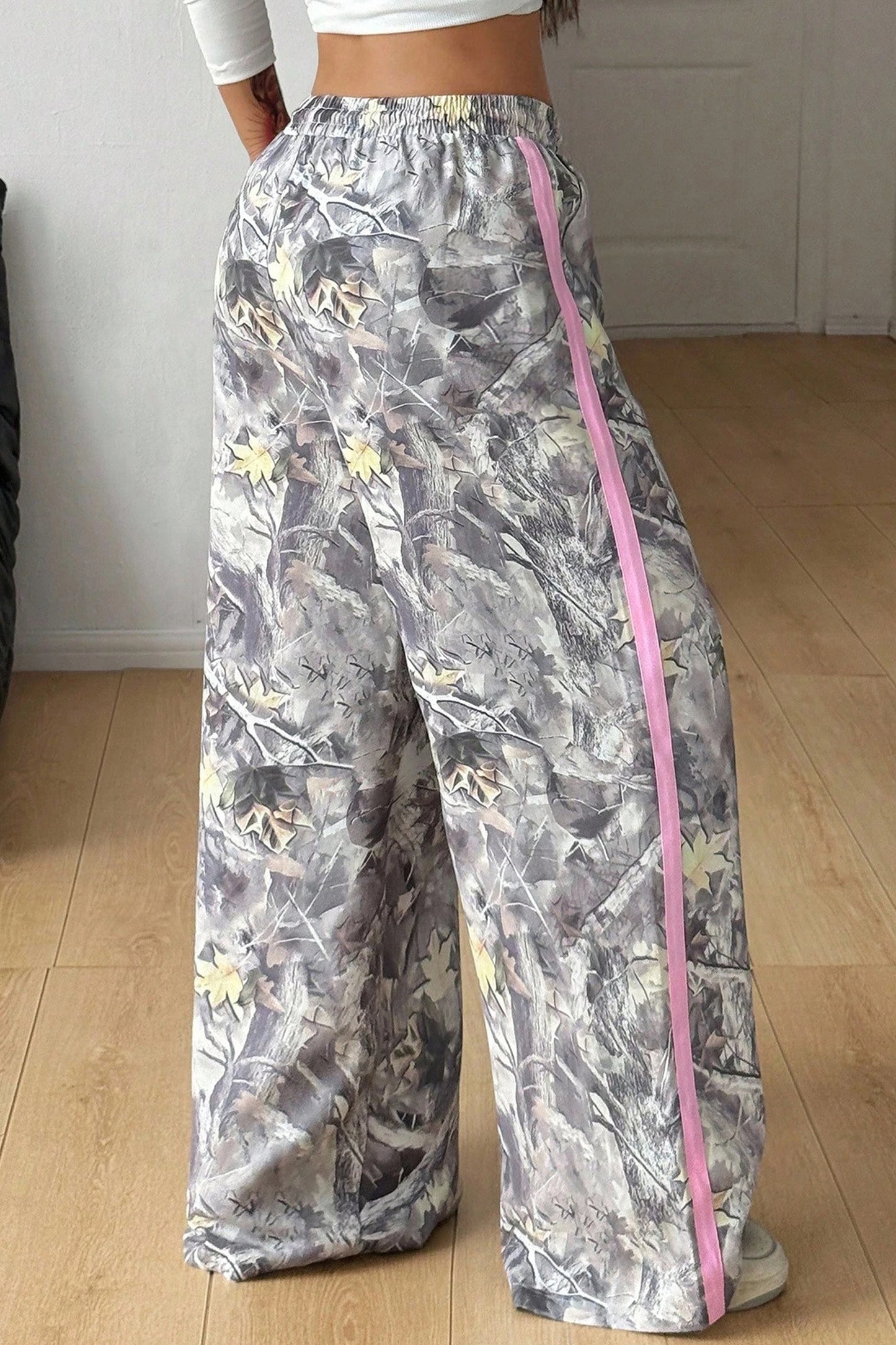 Camo Gray Woodland Print Color Block Detail Drawstring Wide Leg Sweatpants