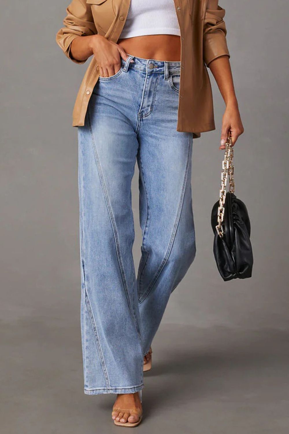 Denim High Waist Straight Jeans with Pockets