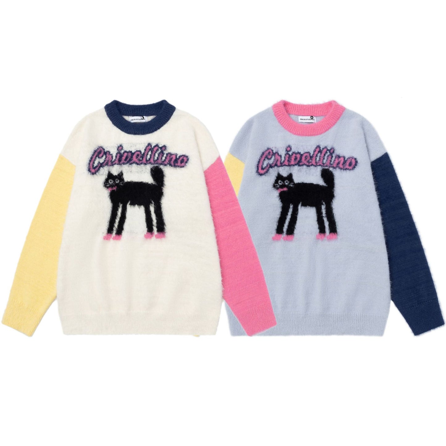 Cat contrasting sleeve sweater
