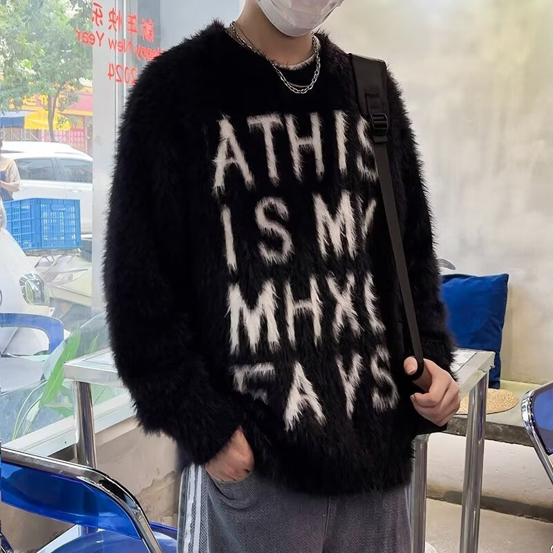 Heavyweight Letter Print Fluffy Loose Unisex Knit Sweater