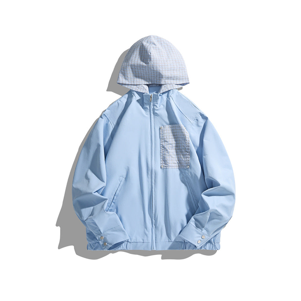 Checkered Patchwork Pocket Hooded Jacket Casual Commute Outerwear