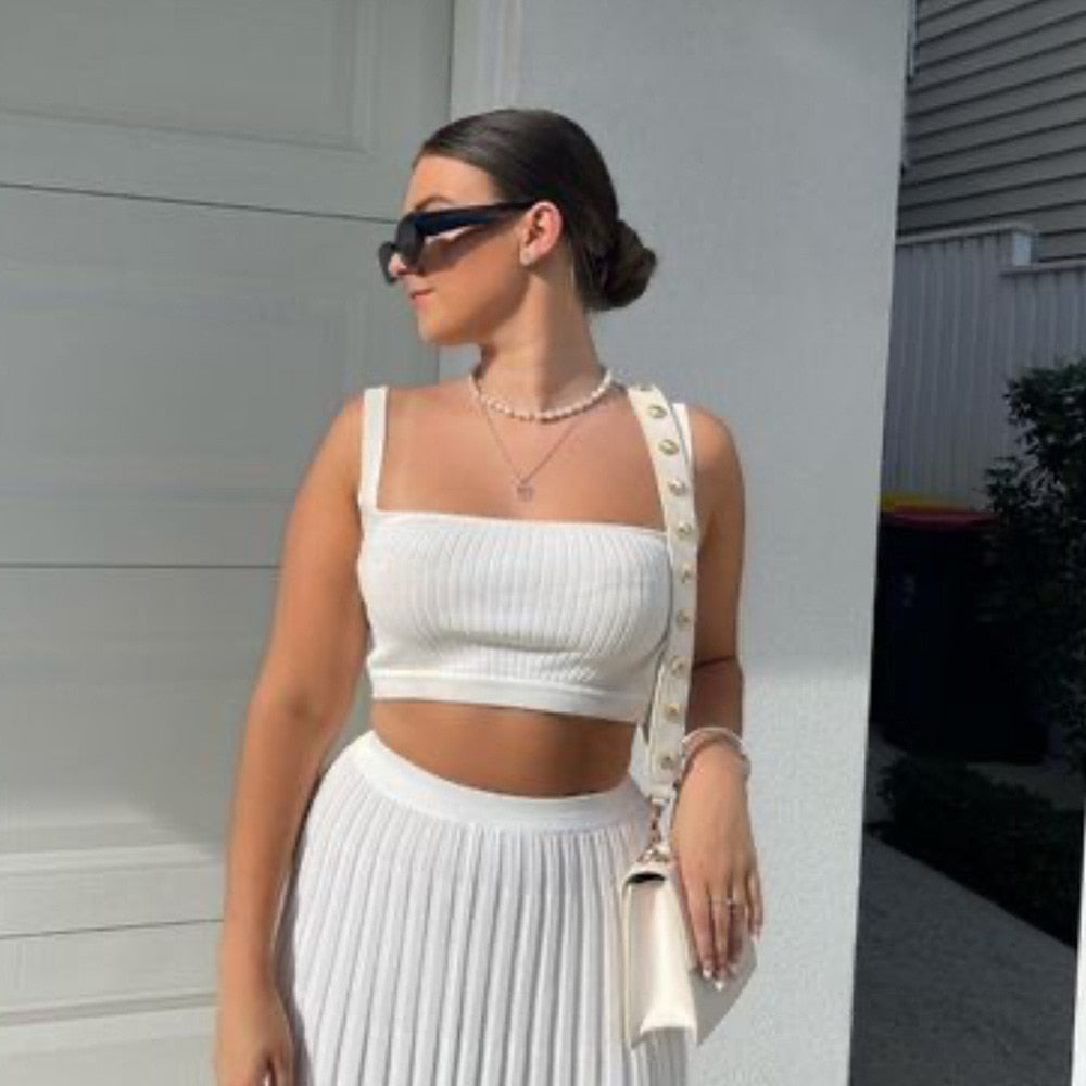 White Ribbed Knit Tank Top & Pleated Midi Skirt Two-Piece Set