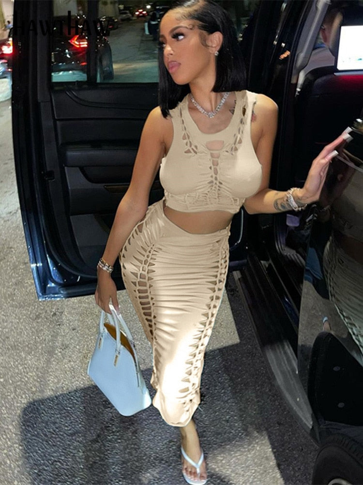 Hawthaw Women Fashion Crop Tank Tops Long Skirts Two Piece Matching Sets Outfit Summer Clothes For Business