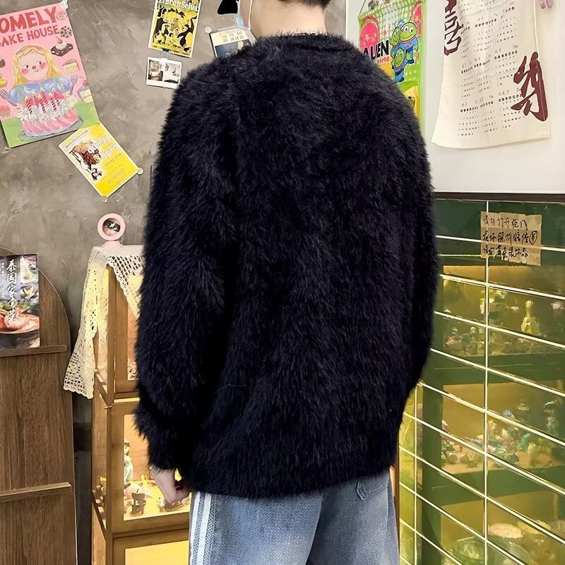 Heavyweight Letter Print Fluffy Loose Unisex Knit Sweater