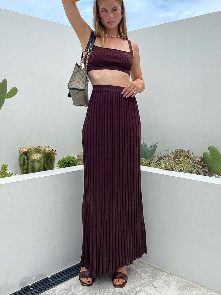 White Ribbed Knit Tank Top & Pleated Midi Skirt Two-Piece Set
