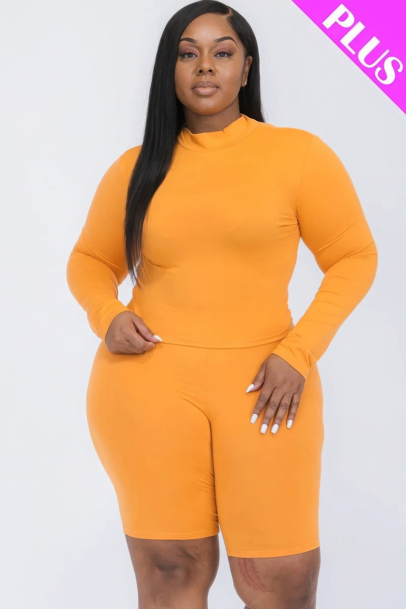 Vibrant Light Orange Plus Mock Neck & Biker Shorts Set 1XL, 2XL, 3XL