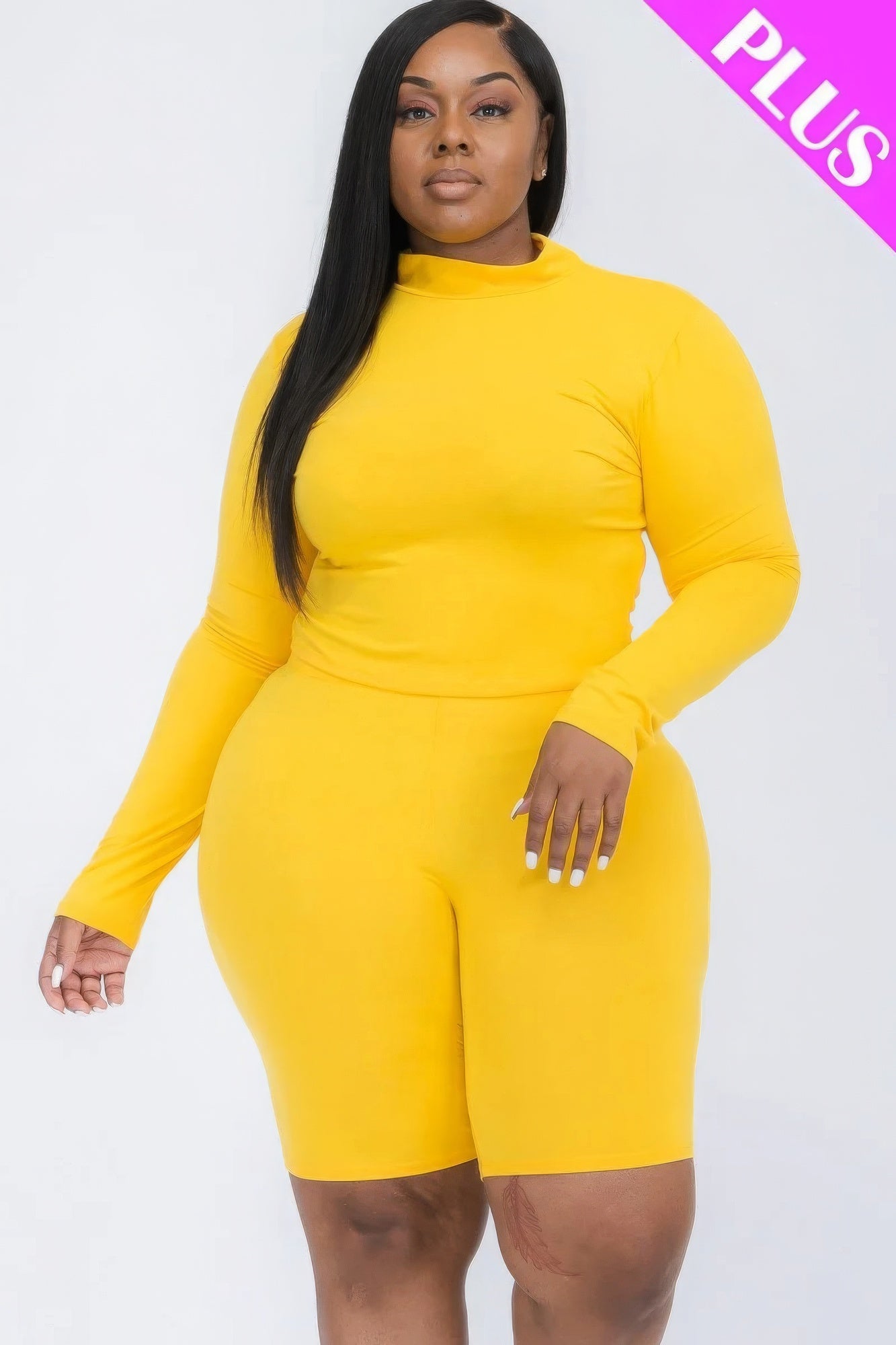 Vibrant Daylily Yellow Plus Mock Neck Biker Short Set