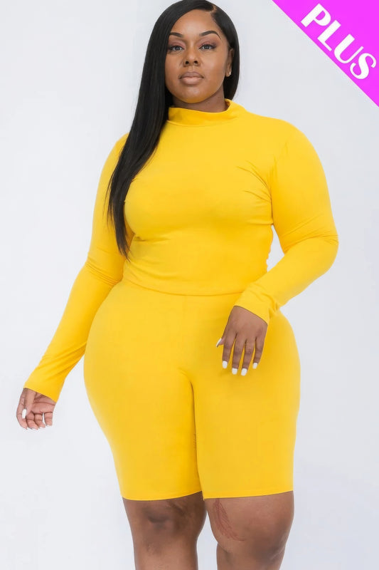 Vibrant Daylily Yellow Plus Mock Neck Biker Short Set