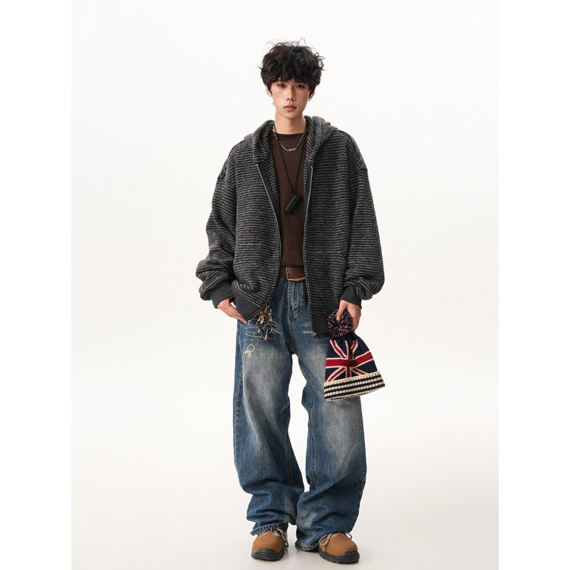 Men's  Retro Striped Zip-Up Hoodie - Loose Fit Casual Fall Winter Sweatshirt Jacket, Versatile Trendy Couple Outerwear