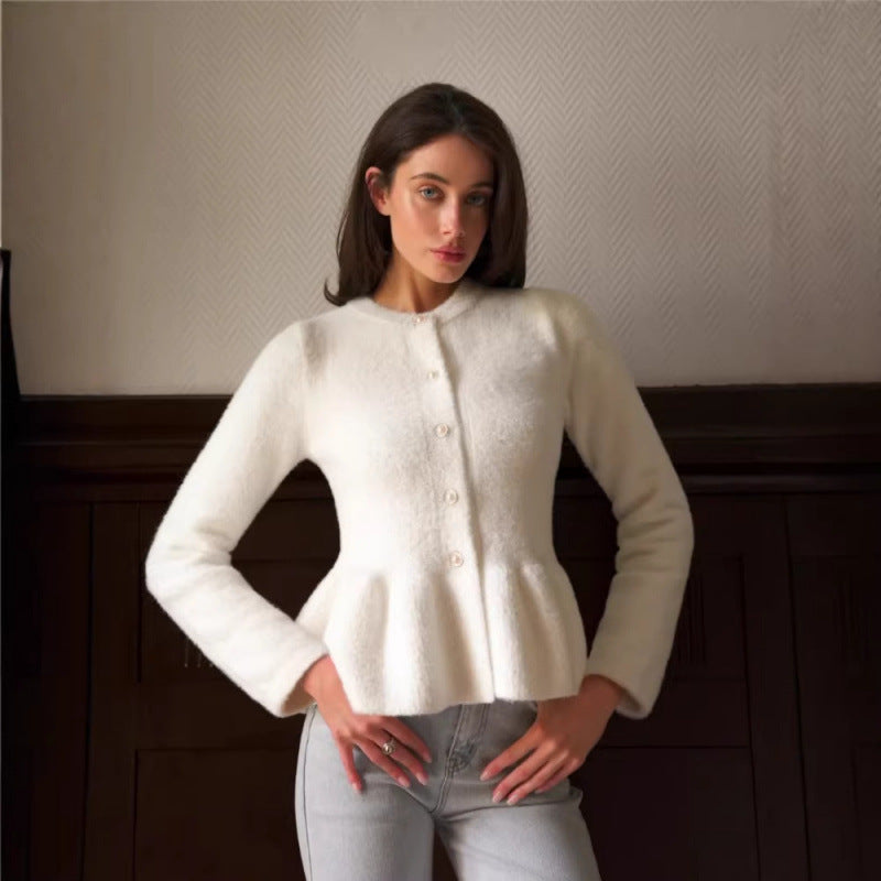 Elegant White Tweed Knit Cardigan for Women, Slim Fit, Versatile and Unique Top