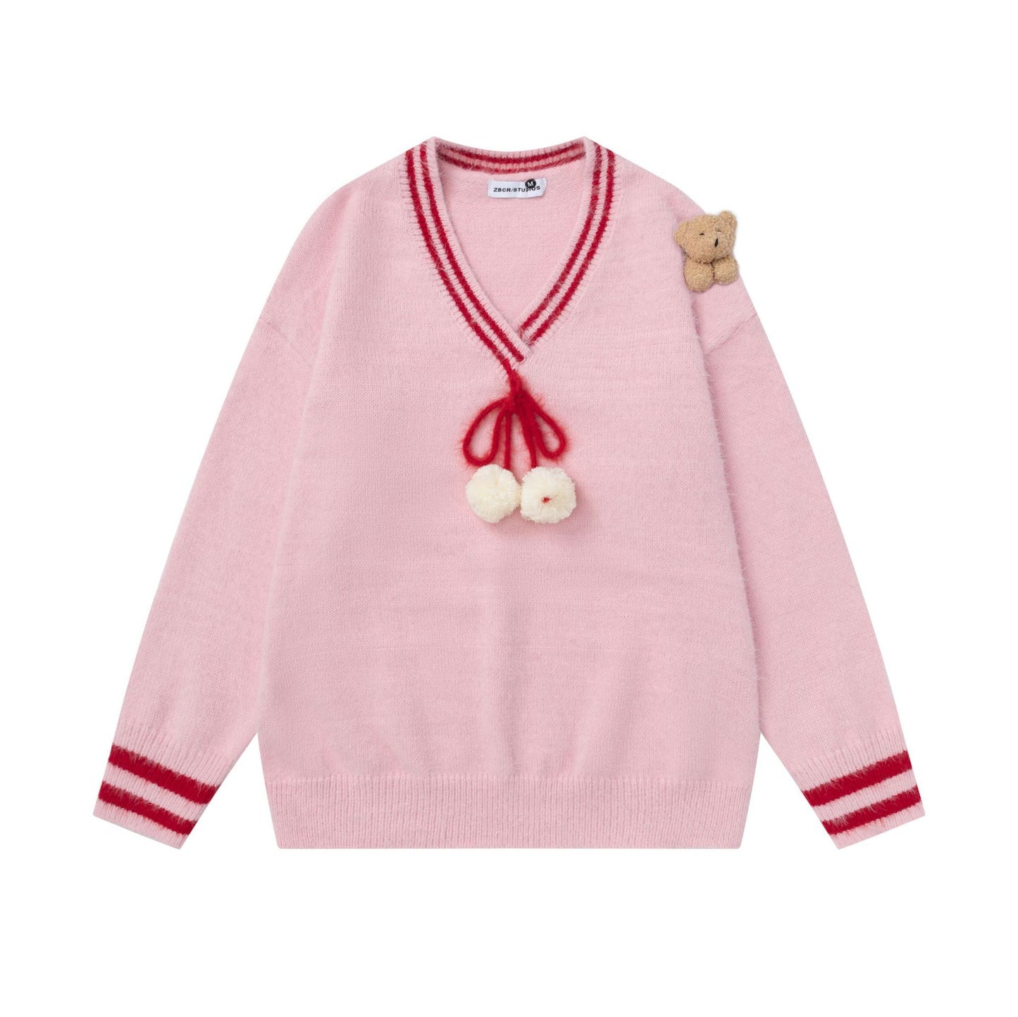 V-neck teddy bear pendant sweater