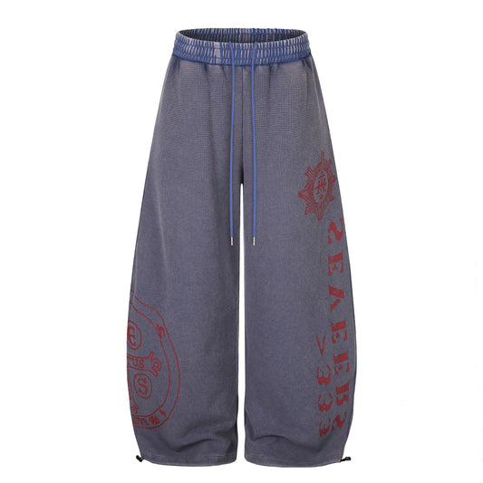 Wide Leg 
Washed Waffle Print Elastic Waist Drawstring Track Pants