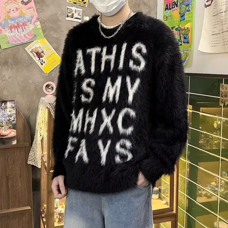 Heavyweight Letter Print Fluffy Loose Unisex Knit Sweater