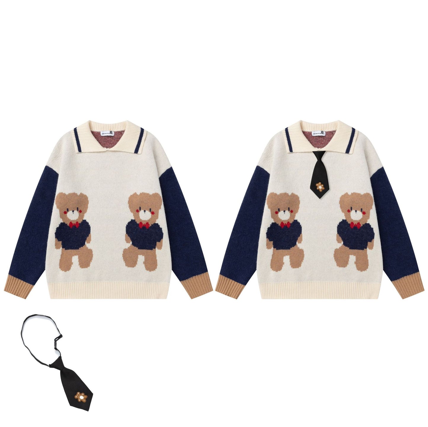 Splicing teddy bear tie sweater
