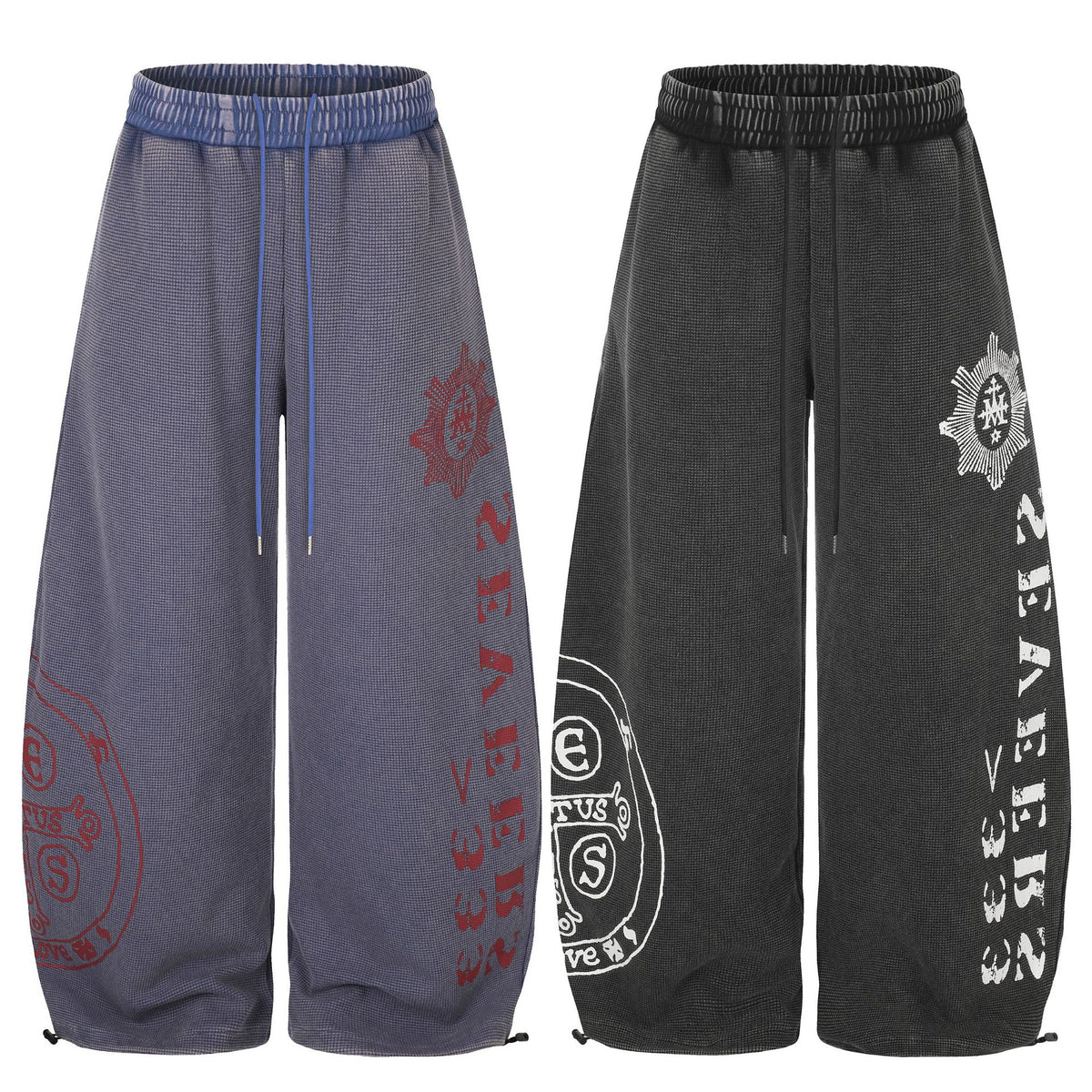 Wide Leg 
Washed Waffle Print Elastic Waist Drawstring Track Pants