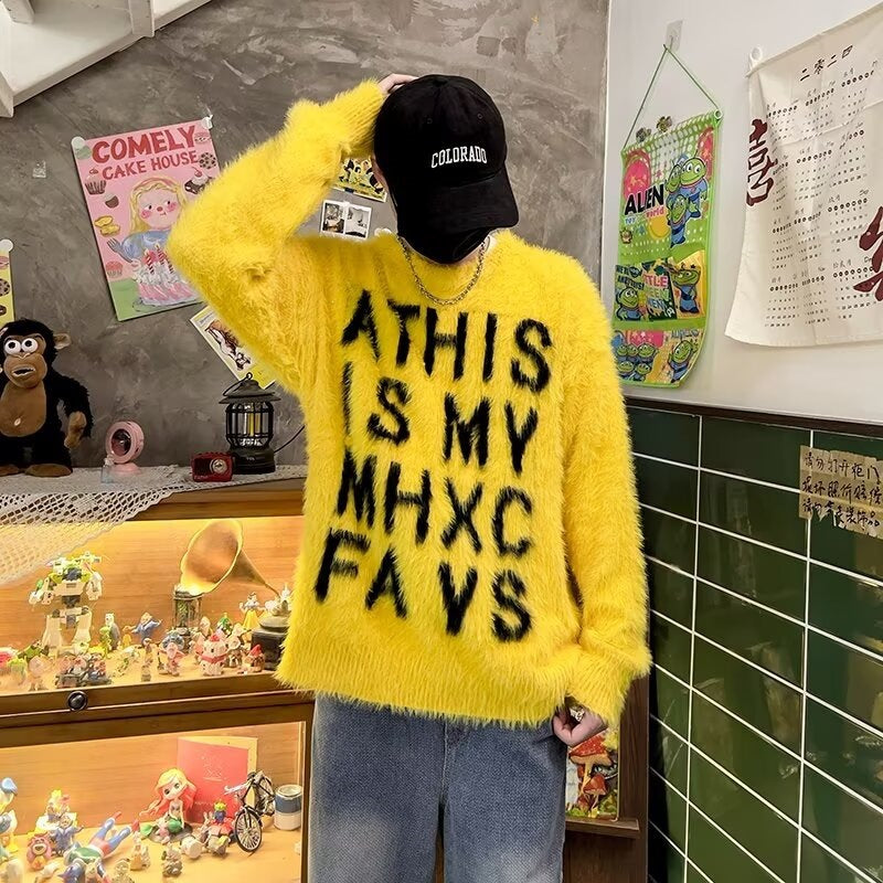 Heavyweight Letter Print Fluffy Loose Unisex Knit Sweater