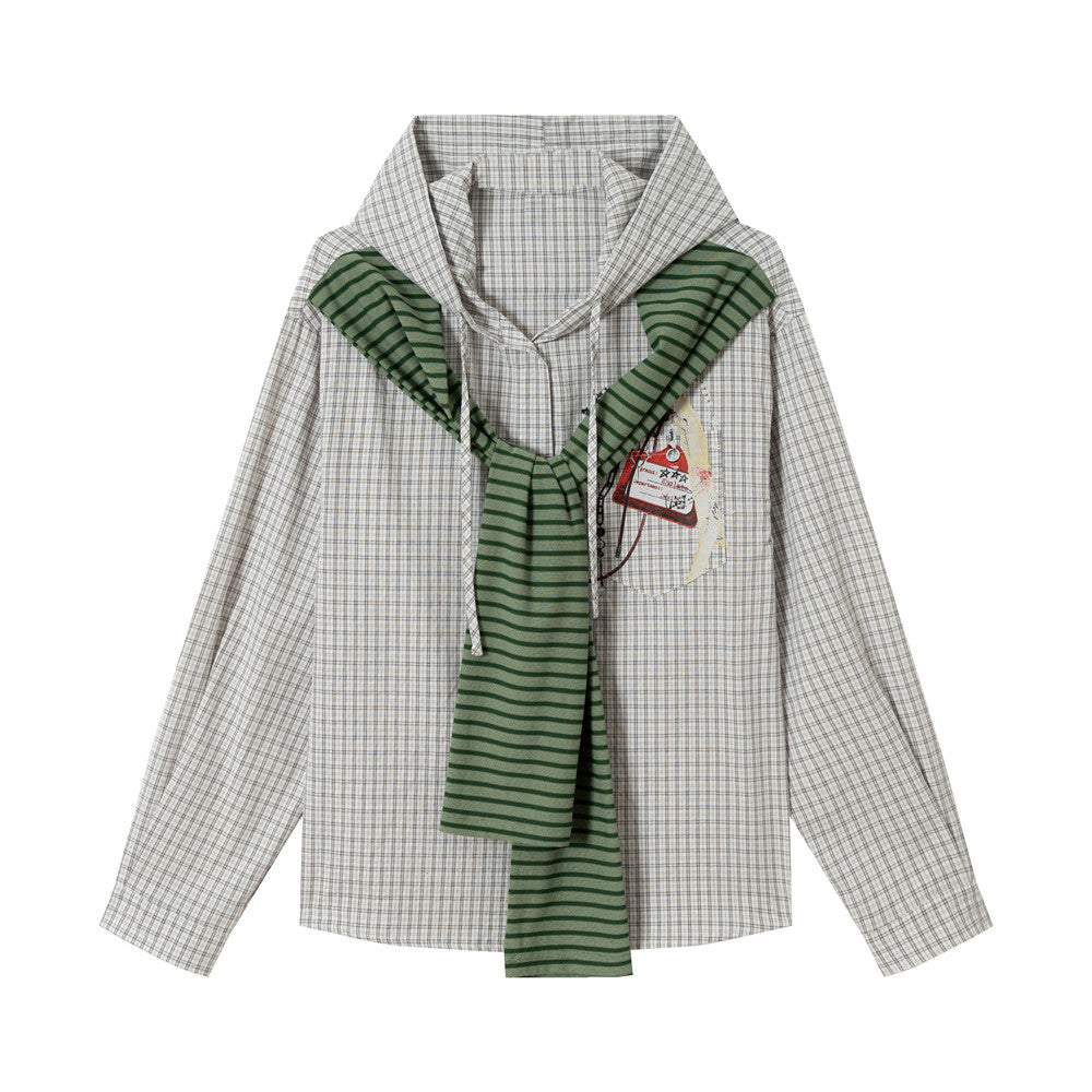 Fake two checkered hooded shirts