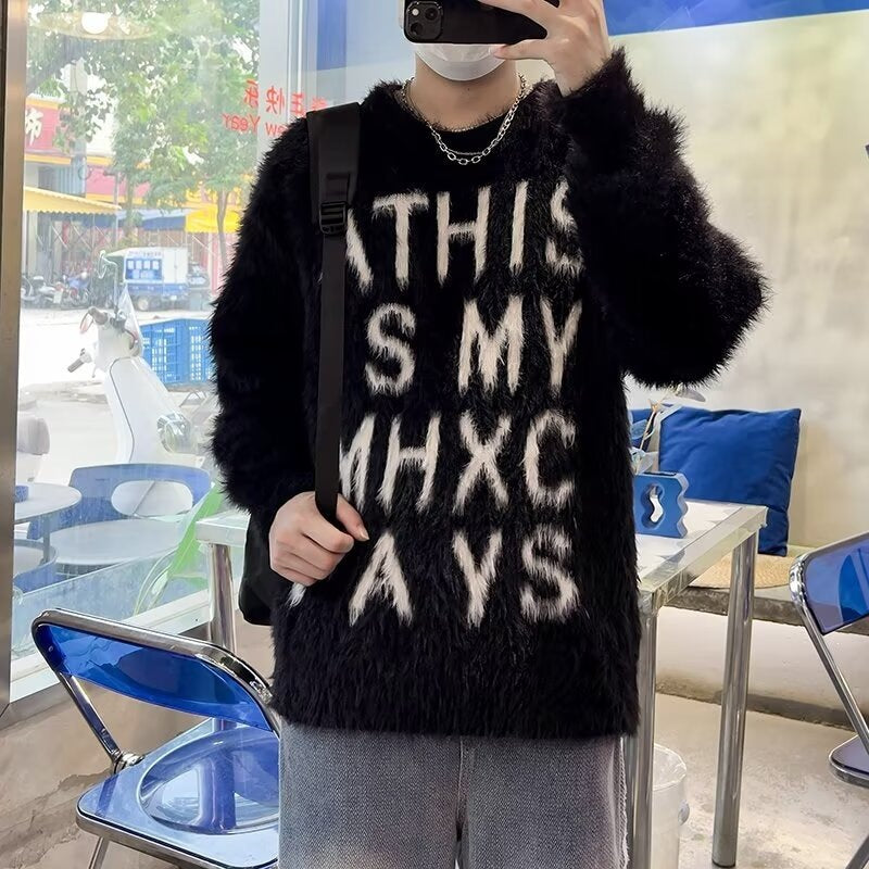 Heavyweight Letter Print Fluffy Loose Unisex Knit Sweater