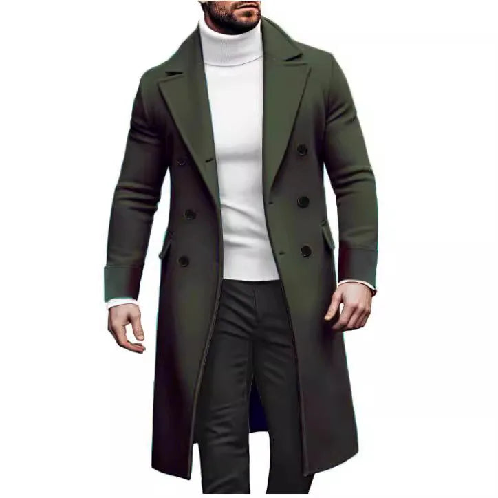Men's Woolen Solid Color Long Sleeve Double Breasted Lapel Collar Long Coat
