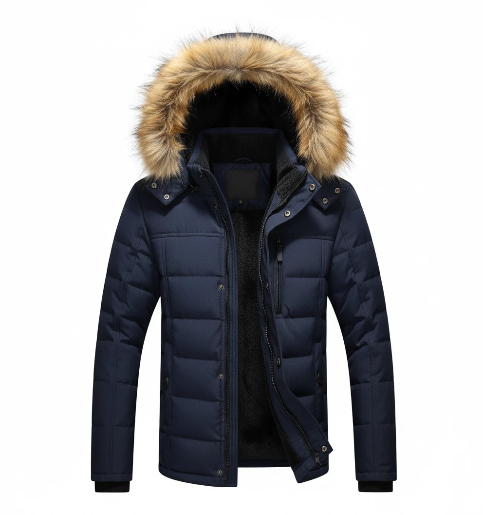 Men Winter Outerwear Thick Fur Collar Hooded Jacket Warm Wool Liner Plus Size 6XL Coat