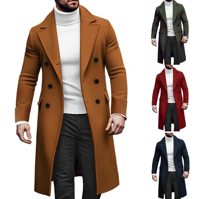 Men's Woolen Solid Color Long Sleeve Double Breasted Lapel Collar Long Coat