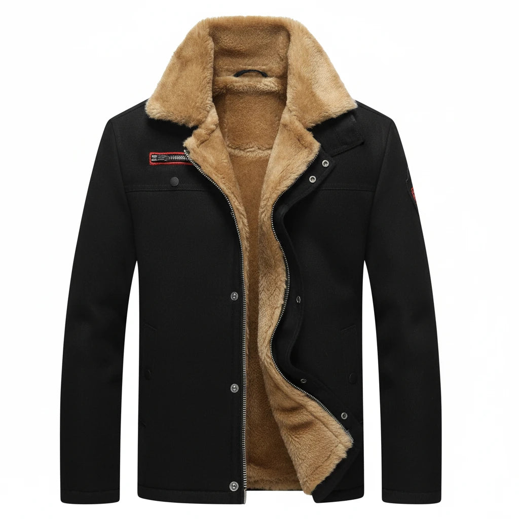Men Winter Warm Fur Collar Men Fleece Solid Color Coat