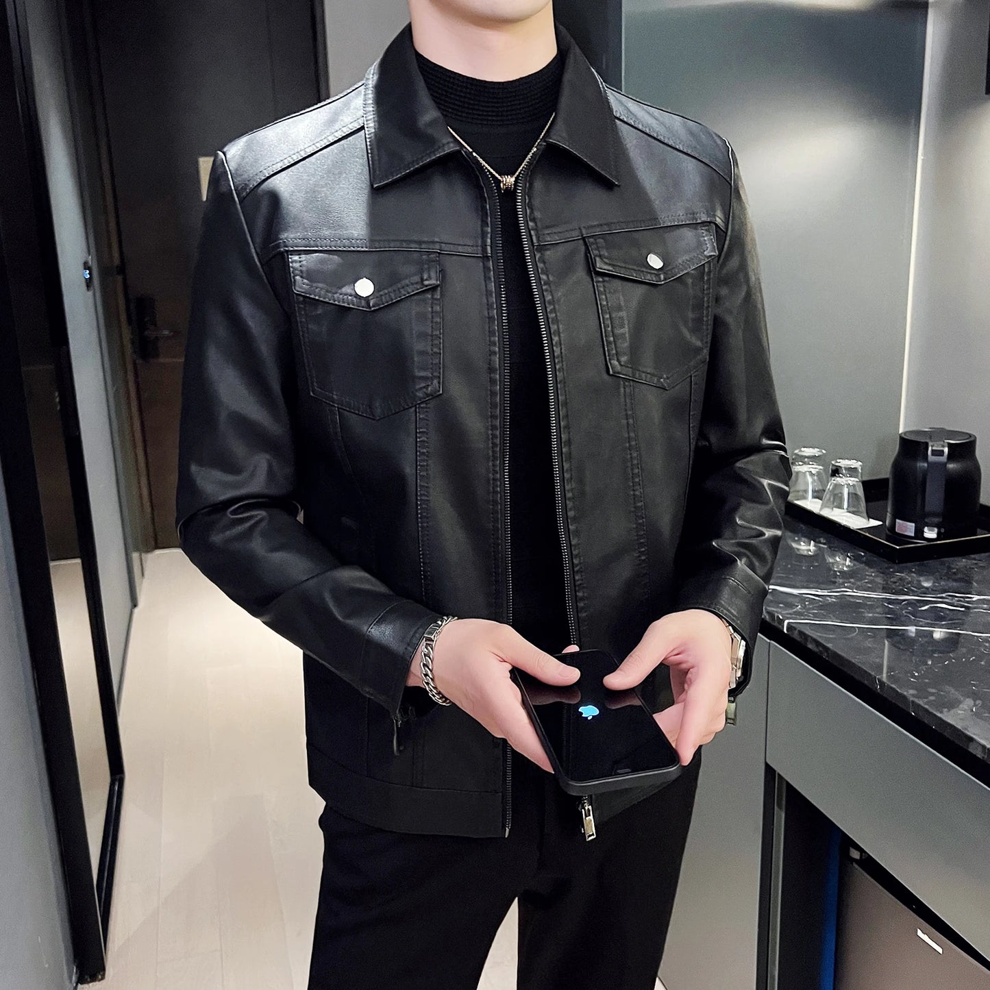 Men's Casual Streetwear Leather Black Multi Pocket Slim Fit PU Coat
