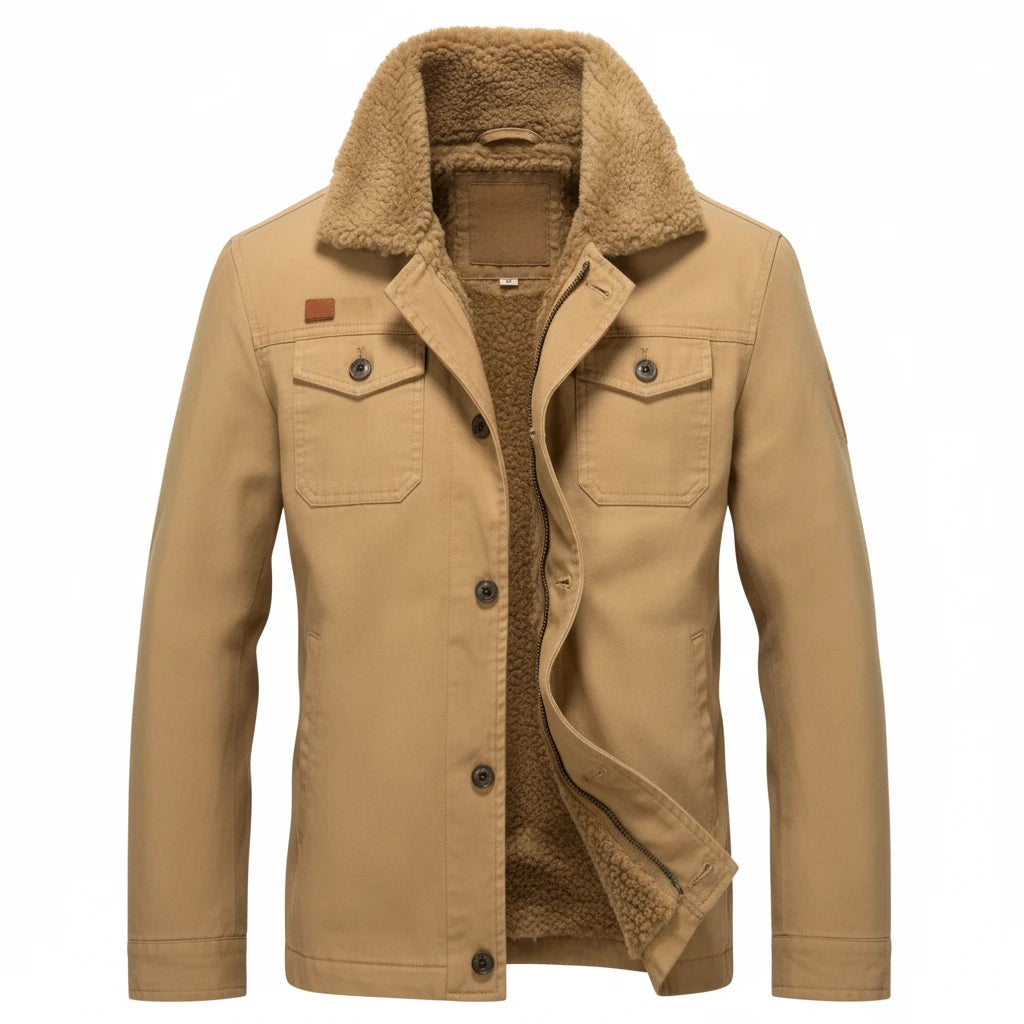 Men Winter Warm Fur Collar Men Fleece Solid Color Coat