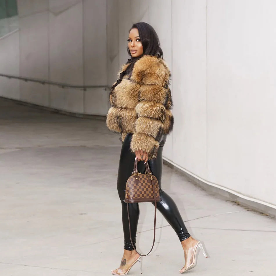 Women Fur coat Maomaokong High Quality Raccoon Fox Fur Long Sleeve With Hat