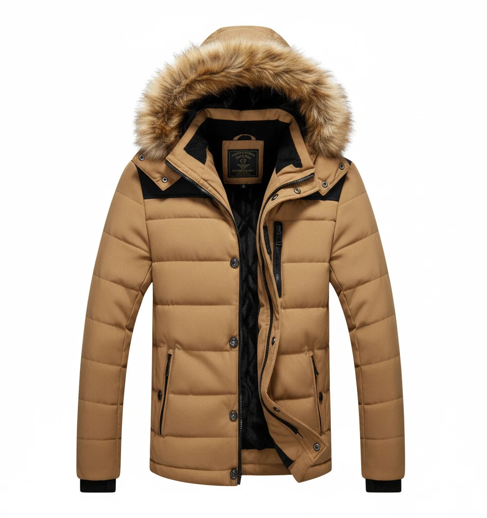 Men Winter Outerwear Thick Fur Collar Hooded Jacket Warm Wool Liner Plus Size 6XL Coat