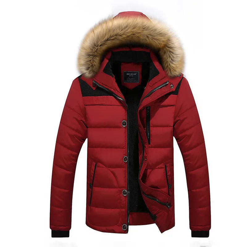 Men Winter Outerwear Thick Fur Collar Hooded Jacket Warm Wool Liner Plus Size 6XL Coat