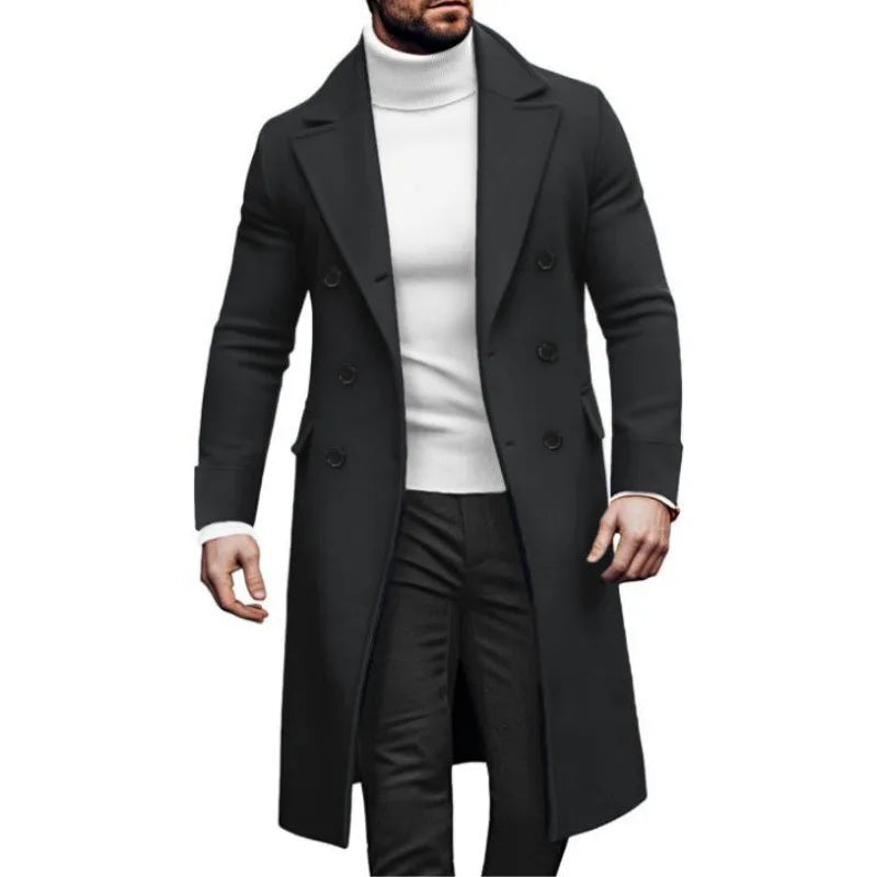 Men's Woolen Solid Color Long Sleeve Double Breasted Lapel Collar Long Coat