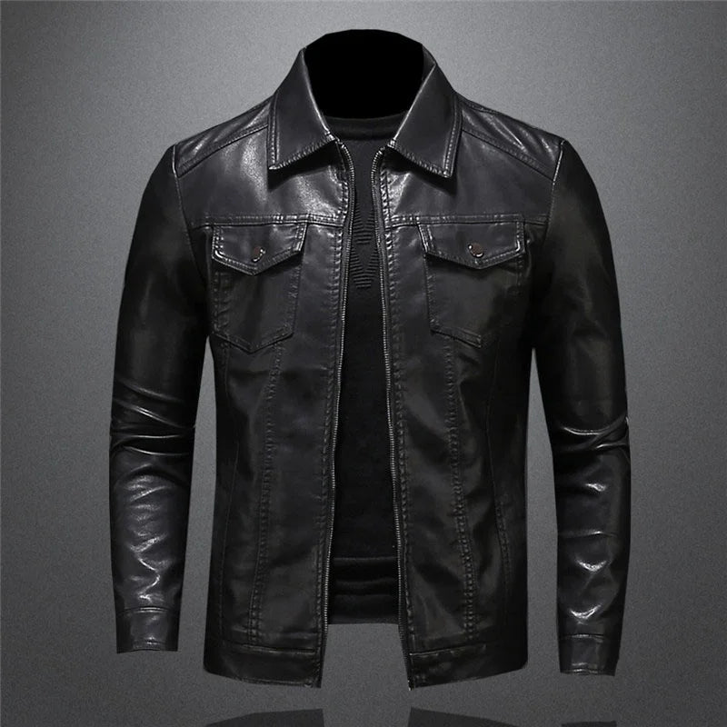Men's Motorcycle Leather Jacket Large Size Pocket Black Zipper Lapel Slim Fit Male Spring and Autumn High Quality Pu Coat M-5XL