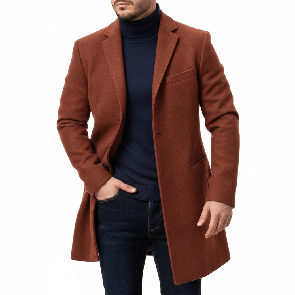 Men Winter Coat Lapel Felt Single Breasted Medium Long Trench Coat Solid Color