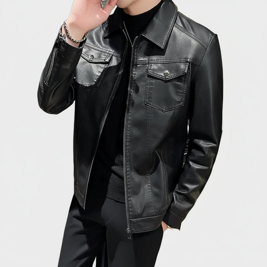 Men's Casual Streetwear Leather Black Multi Pocket Slim Fit PU Coat