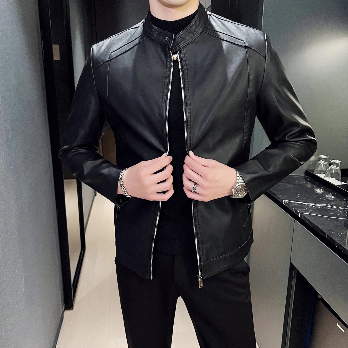 Men Faux Leather Jacket Long Sleeve Zipper Outerwear Street Tops Coats