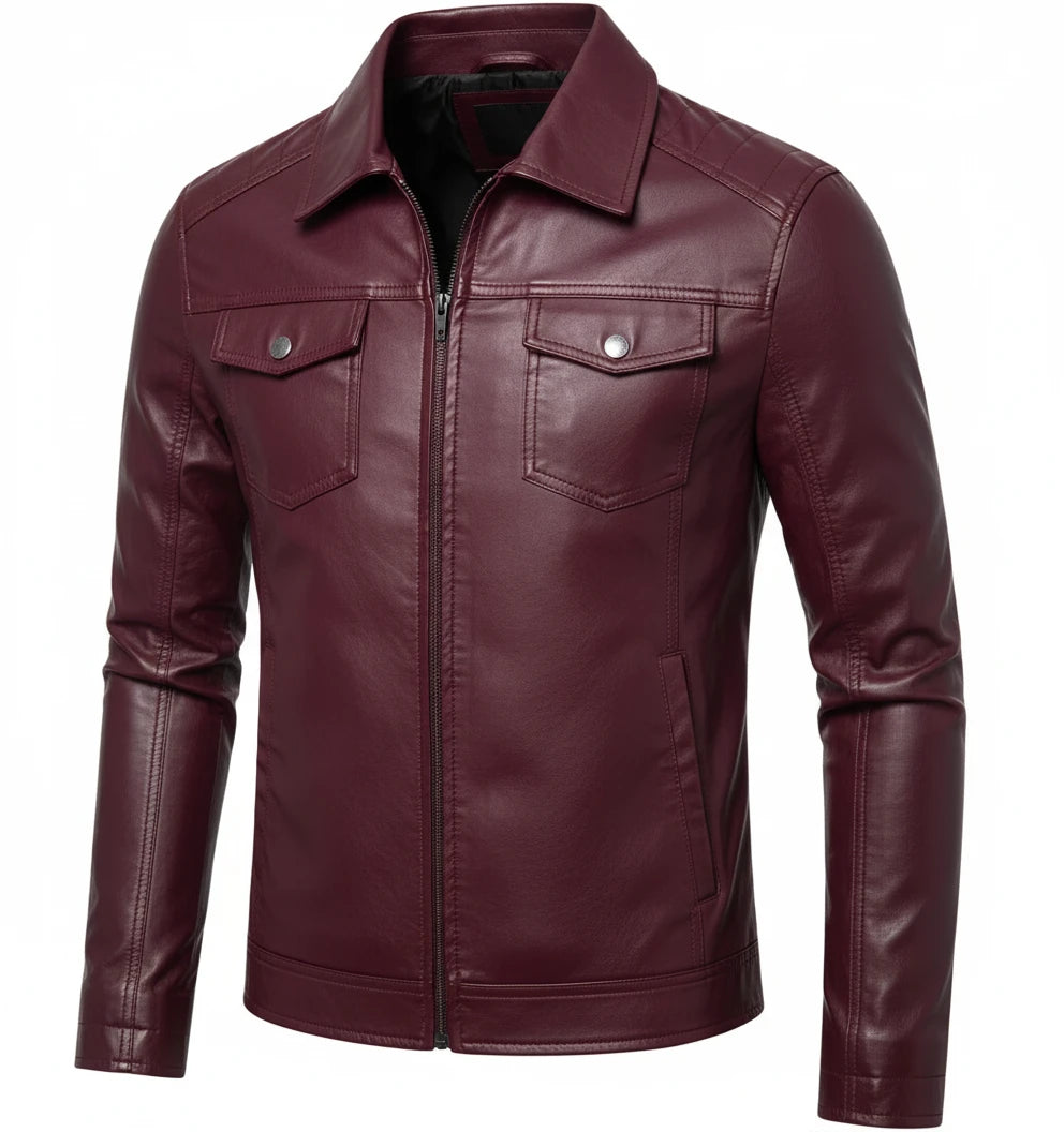 Men's Casual Streetwear Leather Black Multi Pocket Slim Fit PU Coat