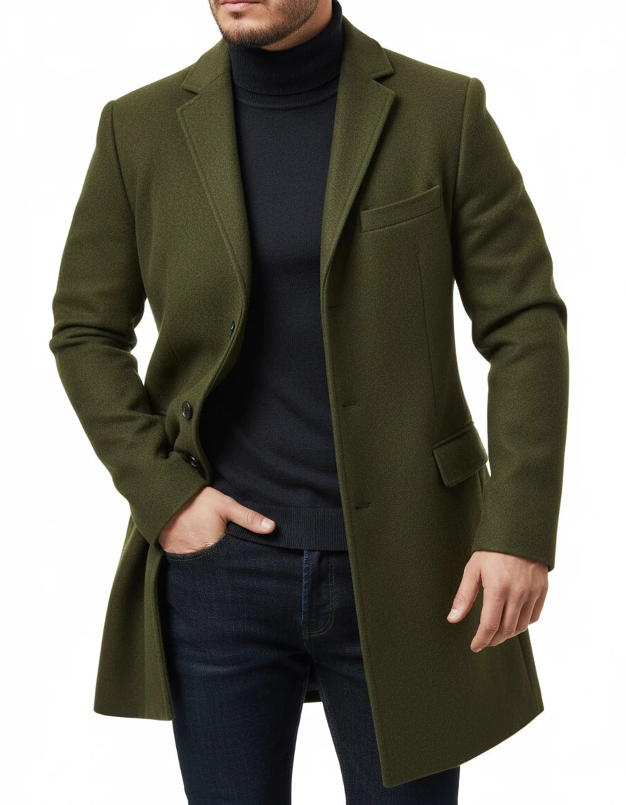 Men Winter Coat Lapel Felt Single Breasted Medium Long Trench Coat Solid Color