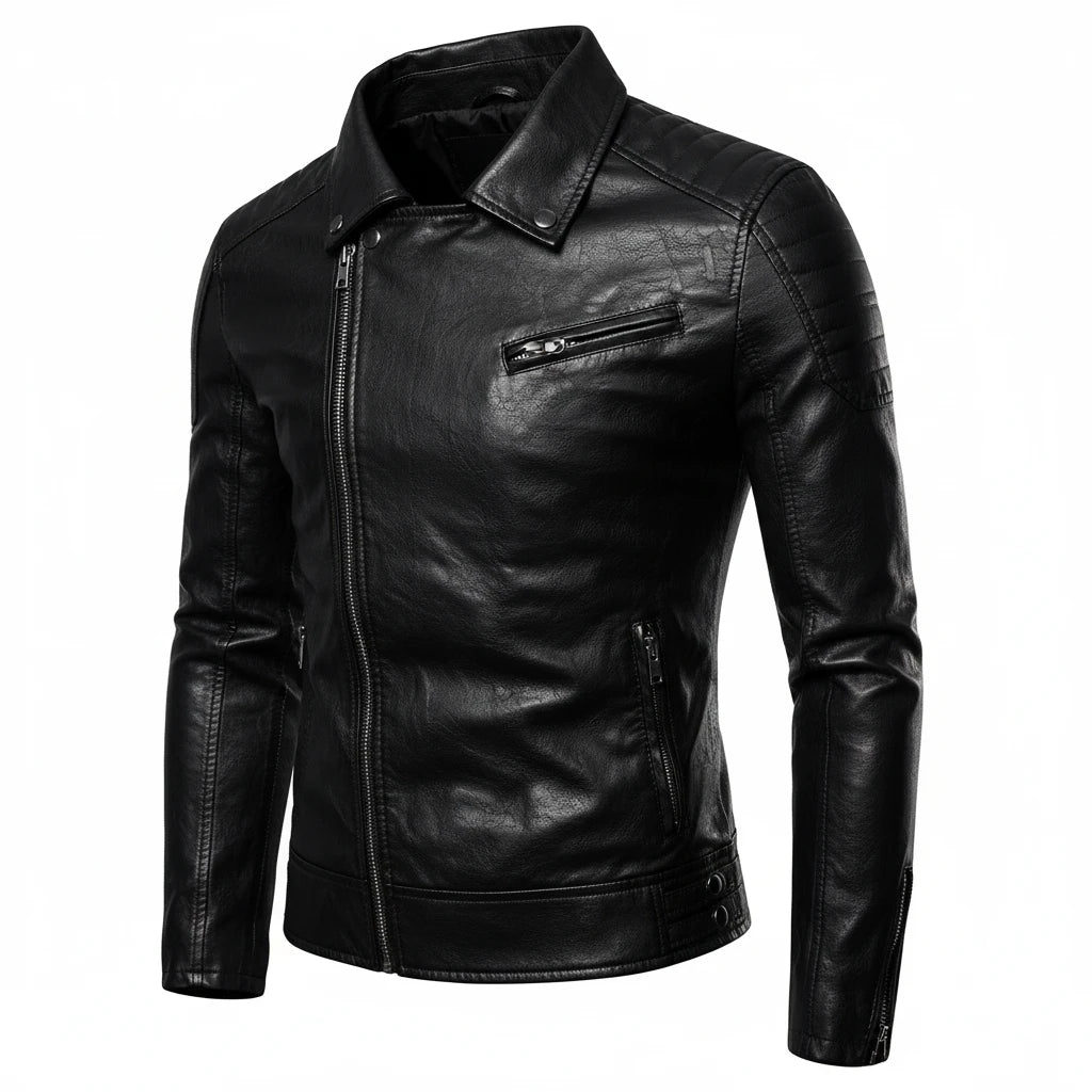 Men's Casual Streetwear Leather Black Multi Pocket Slim Fit PU Coat