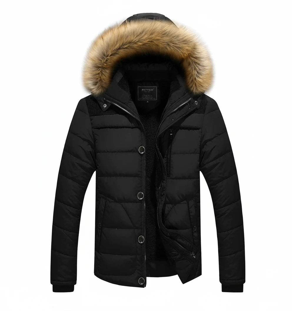 Men Winter Outerwear Thick Fur Collar Hooded Jacket Warm Wool Liner Plus Size 6XL Coat
