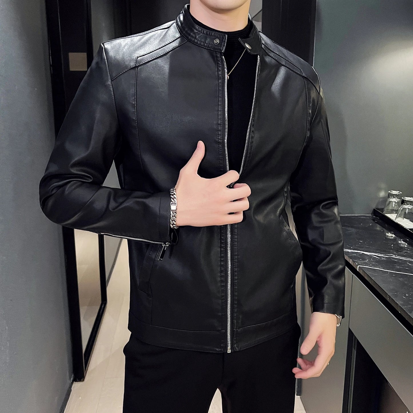Men Faux Leather Jacket Long Sleeve Zipper Outerwear Street Tops Coats