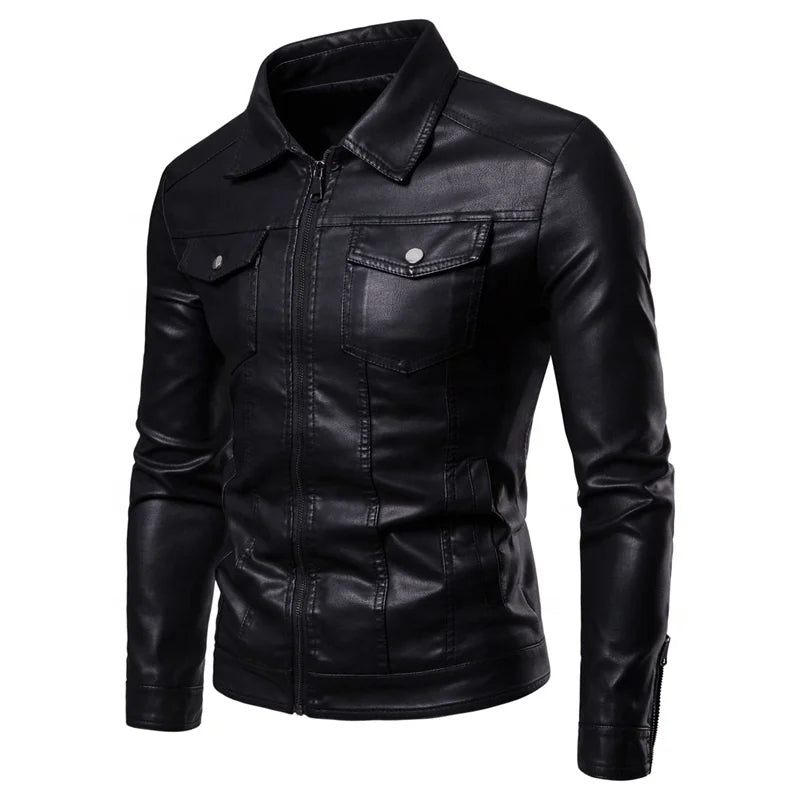 Men's Casual Streetwear Leather Black Multi Pocket Slim Fit PU Coat
