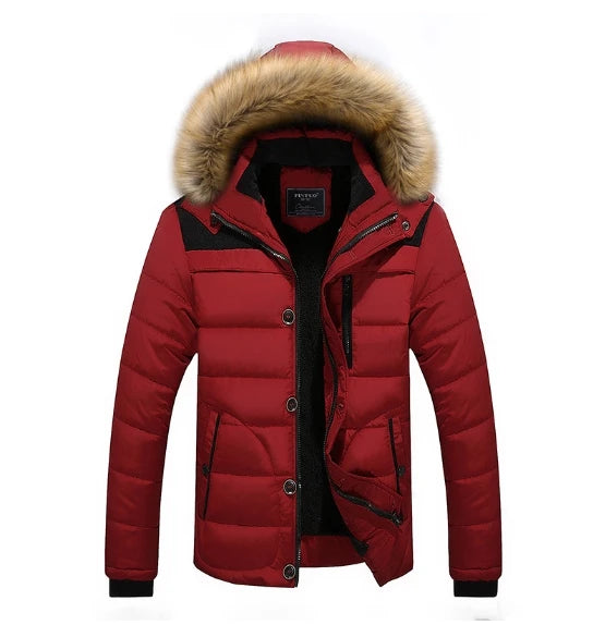 Men Winter Outerwear Thick Fur Collar Hooded Jacket Warm Wool Liner Plus Size 6XL Coat