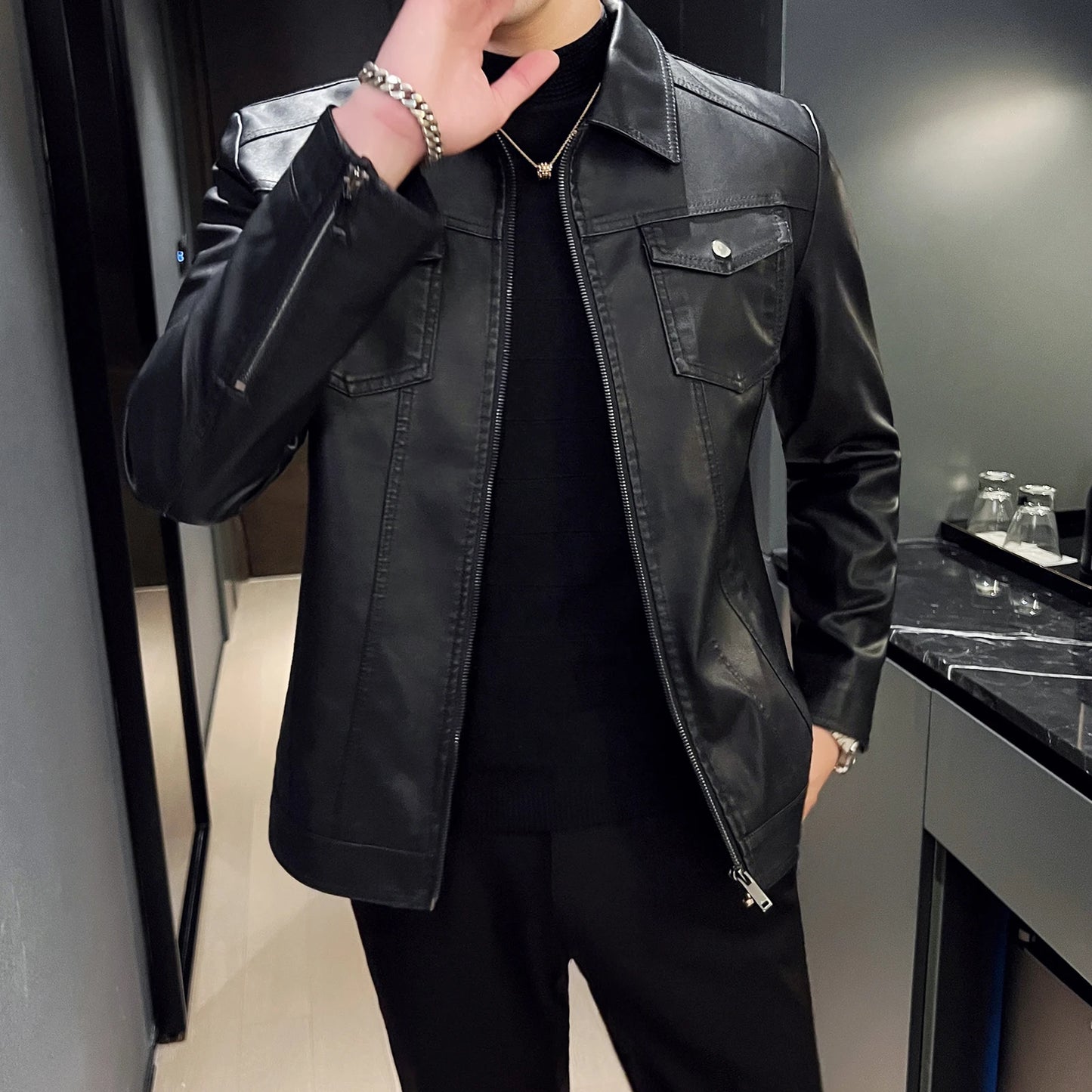 Men's Casual Streetwear Leather Black Multi Pocket Slim Fit PU Coat