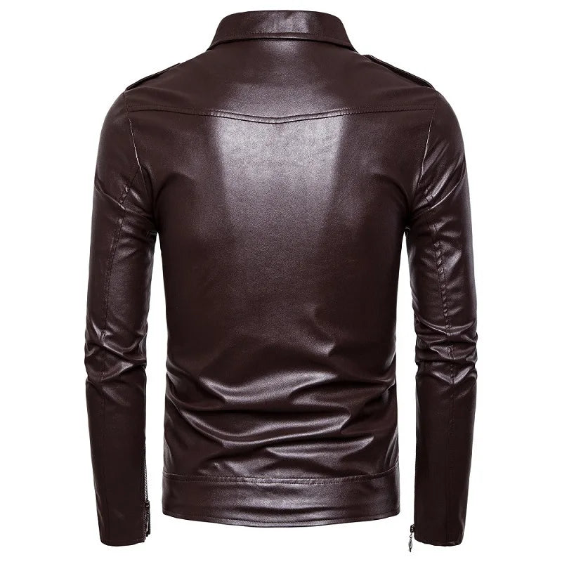 Men Faux Winter Leather Solid Color Slim Fit Jacketed