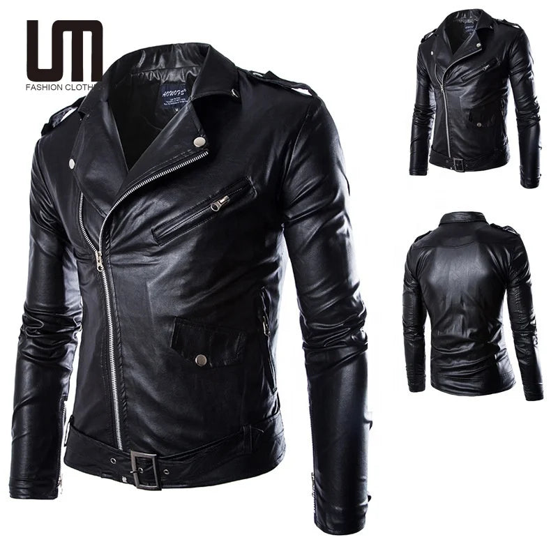 Men Faux Winter Leather Solid Color Slim Fit Jacketed